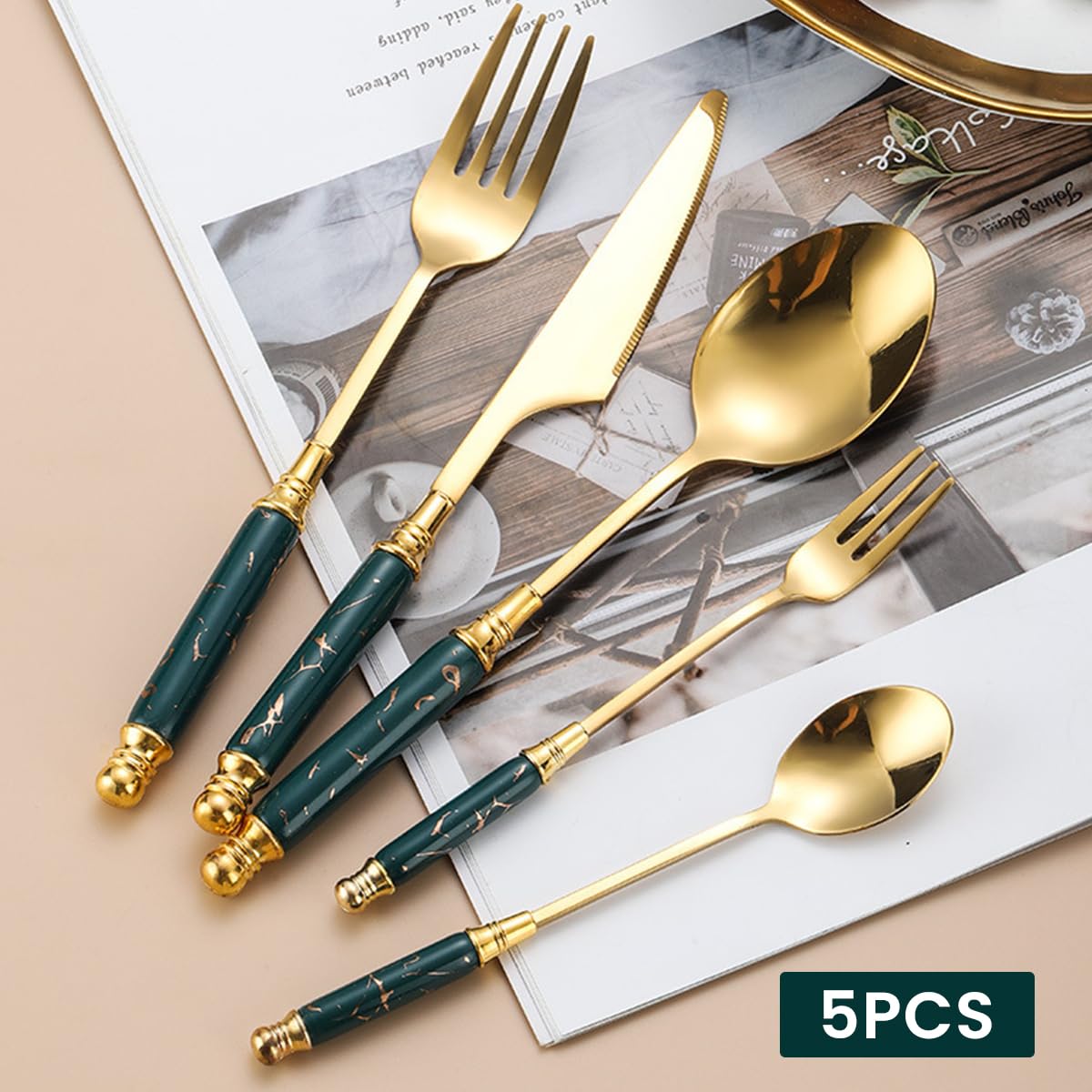 HASTHIP Set of 5 Cutlery Set, Stainless Steel Spoon and Fork Set, Cutter, Fork Tablespoon, Dessert Spoon, Fruit Fork, Exquisite Ceramic Handle Cutlery, Gift Cutlery for Festival (Green) HASTHIP Set of 5 Cutlery Set, Stainless Steel Spoon and Fork Set, Cutter, Fork Tablespoon, Dessert Spoon, Fruit Fork, Exquisite Ceramic Handle Cutlery, Gift Cutlery for Festival (Green)
